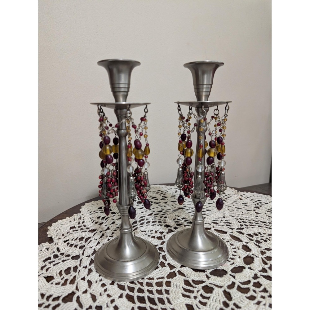 Vintage pair silver toned beaded dangles candle stick holders